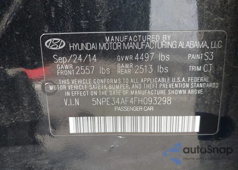 2015 Hyundai Sonata Sport z USA, uszkodzony, nr VIN 5NPE34AF4FH093298